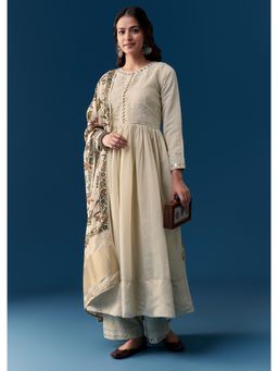 KALKI FASHION - Beige Mirror Sequins Work Anarkali Kurta with Pant and Dupatta