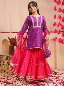 Rain & Rainbow - Girls Bandhani Printed Gotta Patti Kurti with Sharara and Dupatta