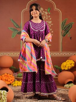 Rain & Rainbow - Girls Floral Printed Gotta Patti Kurti with Sharara and Dupatta
