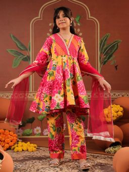 Rain & Rainbow - Girls Floral Printed Gotta Patti Kurti with Pant and Dupatta