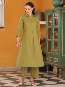 Rain & Rainbow - Shirt Collar Pure Cotton A-Line Kurta with Pant