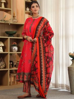 Rain & Rainbow - Red Ethnic Motifs Printed Kurta with Pant and with Dupatta