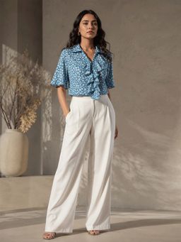 MISH - Blue Floral Print Top With Ruffle Detail