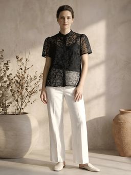 MISH - Black Geometric Sheer Shirt Featuring A Mandarin Collar