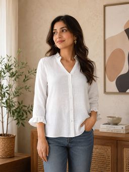 MISH - White Button Down Shirt With Ruffle Detail
