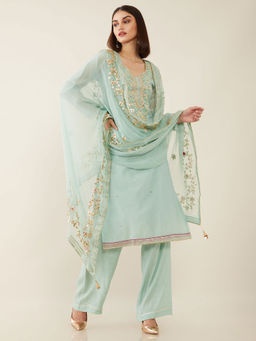 Soch - Powder Blue Hand Embroidery Chanderi Unstitched Dress Material - 3 Meter Kurta Fabric