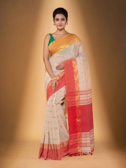 Beatitude - Off White Handspun Cotton Saree with Unstitched Blouse