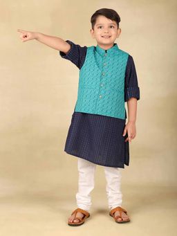 Fabindia - Navy Cotton Printed Kurta & Nehru Jacket (Set of 2)