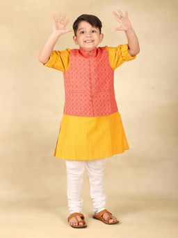 Fabindia - Yellow Cotton Printed Kurta & Nehra Jacket (Set of 2)