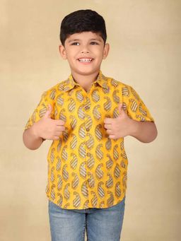 Fabindia - Yellow Cotton Hand Block Printed Shirt