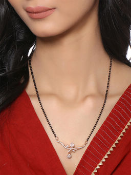 Yellow Chimes - Rose Gold Toned Ad Studded Floral Black Beads Mangalsutra for Women