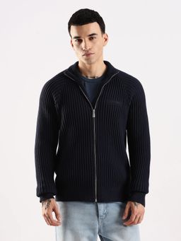 Calvin Klein - Men Textured Regular Fit Cotton Navy Blue Sweater