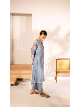 AM by Anita Mittal - Ziva Mul Chanderi Blue Top with Pant Co-Ords