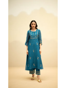 AM by Anita Mittal - Chandini Mul Chanderi Aline Blue Kurta with Pant and Dupatta