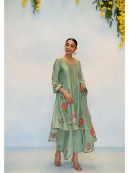 AM by Anita Mittal - Gul Silk Chanderi Green Anarkali with Pant and Dupatta