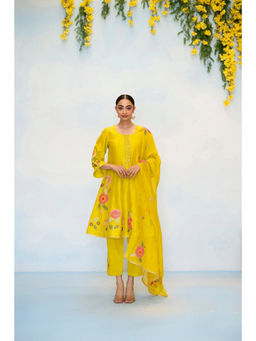 AM by Anita Mittal - Gul Silk Chanderi Yellow Anarkali with Pant and Dupatta