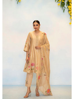 AM by Anita Mittal - Gul Silk Chanderi Beige Anarkali with Pant and Dupatta