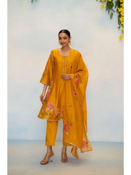 AM by Anita Mittal - Gul Silk Chanderi Bronze Anarkali with Pant and Dupatta
