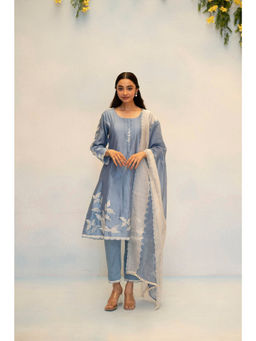 AM by Anita Mittal - Seher Silk Chanderi Blue Anarkali with Pant and Dupatta