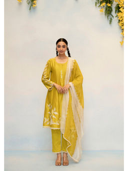 AM by Anita Mittal - Seher Silk Chanderi Yellow Anarkali with Pant and Dupatta