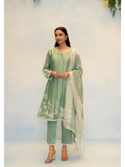 AM by Anita Mittal - Seher Silk Chanderi Green Anarkali with Pant and Dupatta