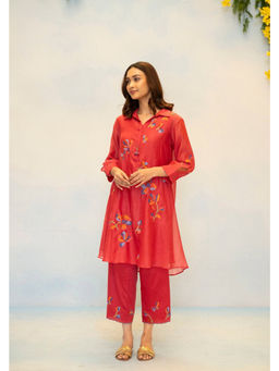 AM by Anita Mittal - Aab Mul Chanderi Red Top with Pant and Inner Co-Ords
