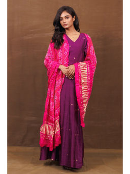 VISHWA - Purple Banarasi Angrakha Dress with Dupatta