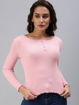 SHOWOFF - Women's Solid Fitted Pink Boat Neck Top