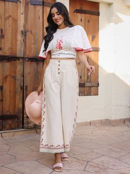Juniper - White Floral Printed Pure Cotton Top & Pants Set with Thread Work