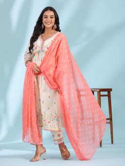 Juniper - White Pure Cotton Floral Print Alia Cut Lacy Kurta With Pant & Dupatta Set With Tassel