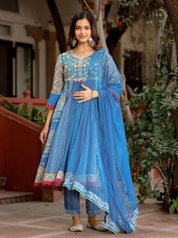 Juniper - Sujani Blue Cotton & Net Floral Printed & Embroidered Panelled Kurta With Pants And Dupatta Set