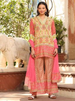 Juniper - Green Cotton Ikat Printed Short Kurta Bell Bottom & Dupatta With Threaded Embroidery & Kaudis