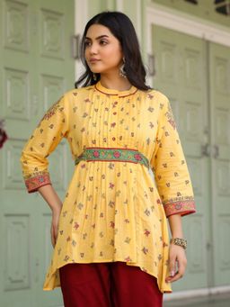 Juniper - Mustard Floral Printed Cotton Voile Tunic with Lace Work