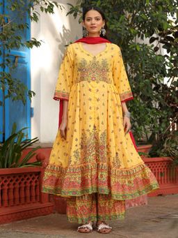 Juniper - Mustard Cotton Floral Printed Anarkali Kurta With Pants And Dupatta Set With Sequins & Beadwork