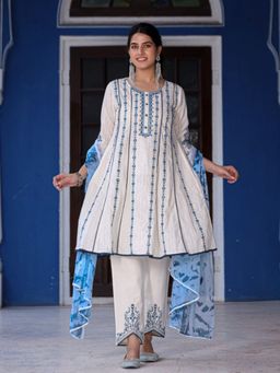Juniper - White & Blue Cotton Dobby Thread Embroidered Kurta With Pants Set With Chiffon Dupatta