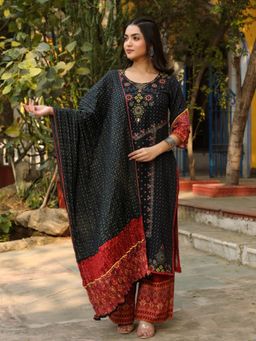 Juniper - Black Ethnic Motif Placement Printed Rayon Kurta With Pant And Dupatta With Bead & Sequince Work