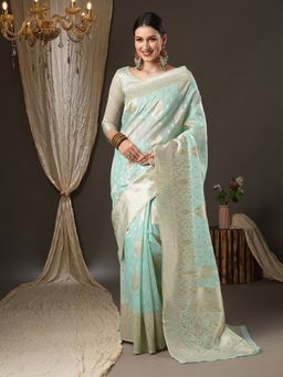 Akhilam - Womens Cotton Blend Sea Green Woven Design Designer Saree with Unstitched Blouse