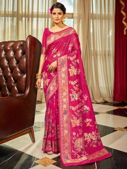 Nyri - Womens Silk Blend Pink Woven Design Designer Saree