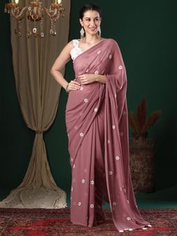 Nyri - Womens Georgette Rose Gold Embroidered Designer Saree
