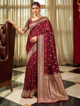 Nyri - Womens Silk Blend Coffee Brown Woven Design Celebrity Saree