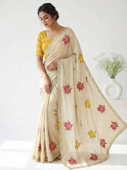 Nyri - Womens Georgette Cream Embroidered Designer Saree