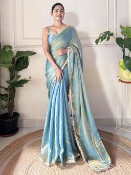 Nyri - Womens Paper Silk Teal Blue Embellished Designer Saree