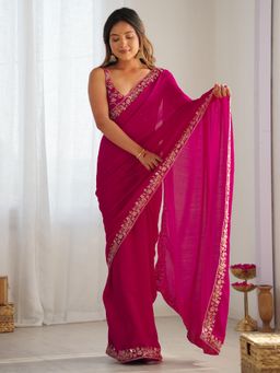 Nyri - Womens Vichitra Silk Pink Embellished Designer Saree