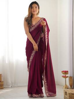 Nyri - Womens Vichitra Silk Magenta Embellished Designer Saree