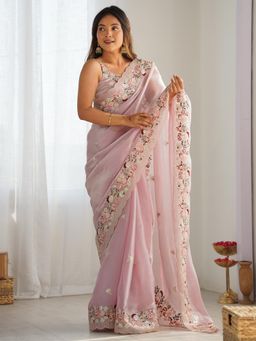 Nyri - Womens Organza Pink Embroidered Designer Saree