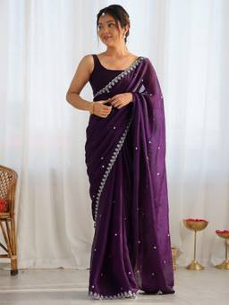 Nyri - Womens Paper Silk Purple Embellished Designer Saree