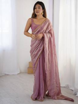 Nyri - Womens Paper Silk Mauve Embellished Designer Saree