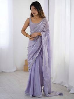 Nyri - Womens Paper Silk Lavender Embellished Designer Saree