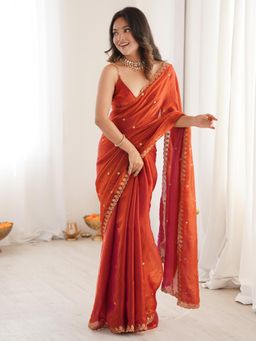 Nyri - Womens Paper Silk Rust Embellished Designer Saree