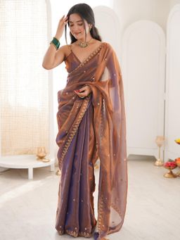 Nyri - Womens Paper Silk Rose Gold Embellished Designer Saree